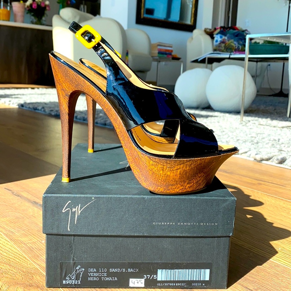 Giuseppe Zanotti Sling Back Vernice Black Patent Leather Wood Sandal Size 37.5
